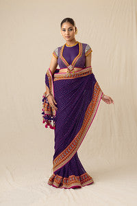 Purple mirror and pearl printed bandhej saree