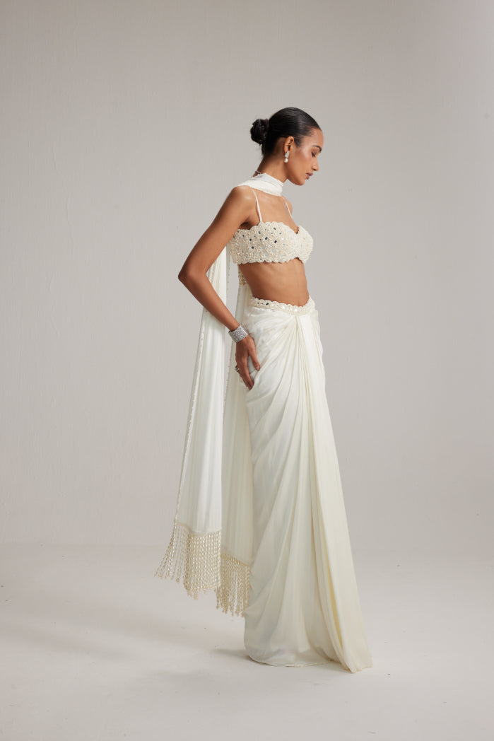 Off White Satin Draped Skirt Set