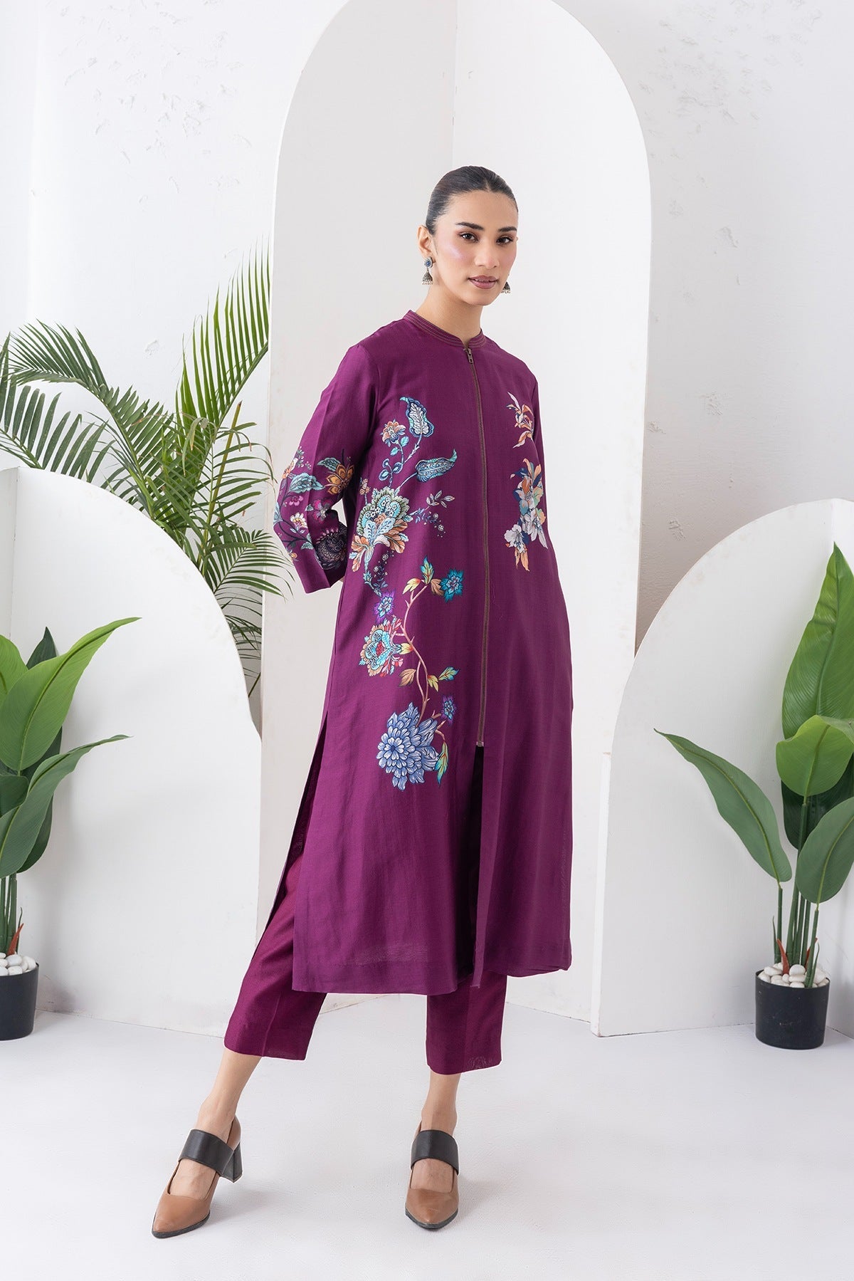 Wine Silk Chanderi Floral Printed Front Open Dress Set (3 PCS)