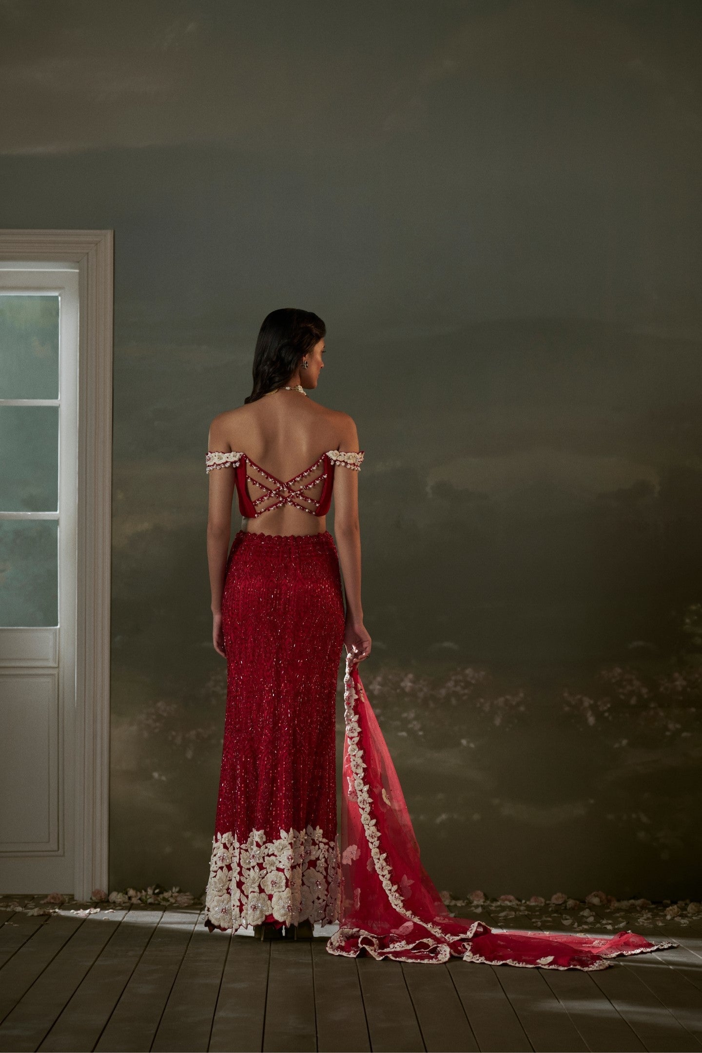 Red Embroidered Lehenga Skirt with Pleated Crop Top - Festive Wear