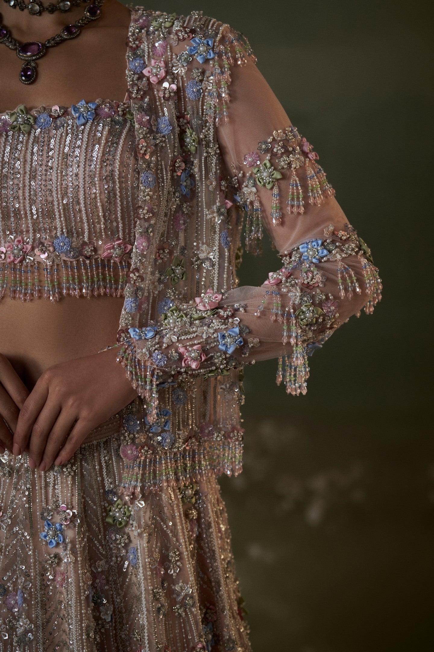 Peach Multicolored Net Lehenga Choli Set With Jacket