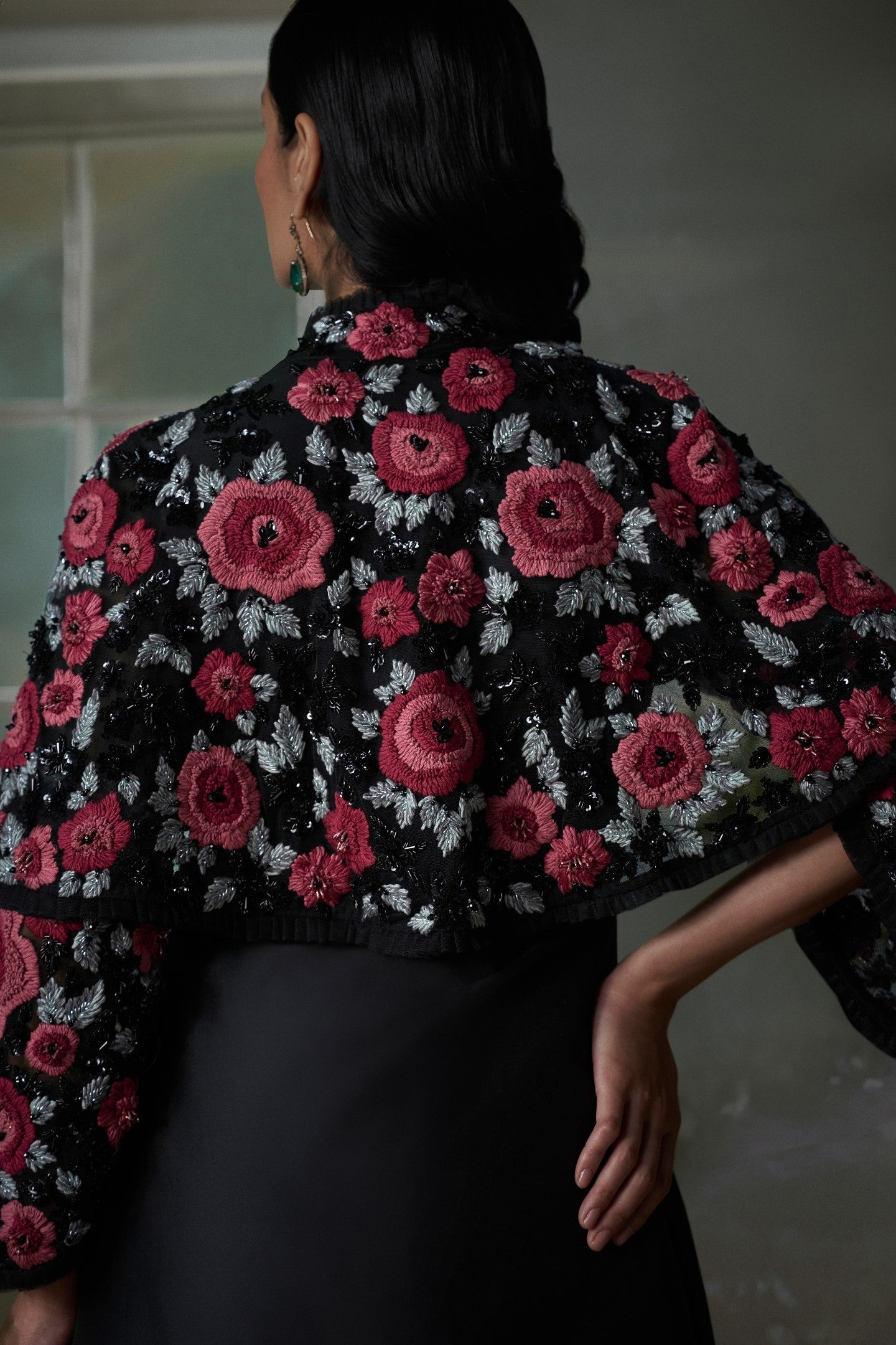Floral Embroidered Black Silk Long Dress with Jacket & Trouser
