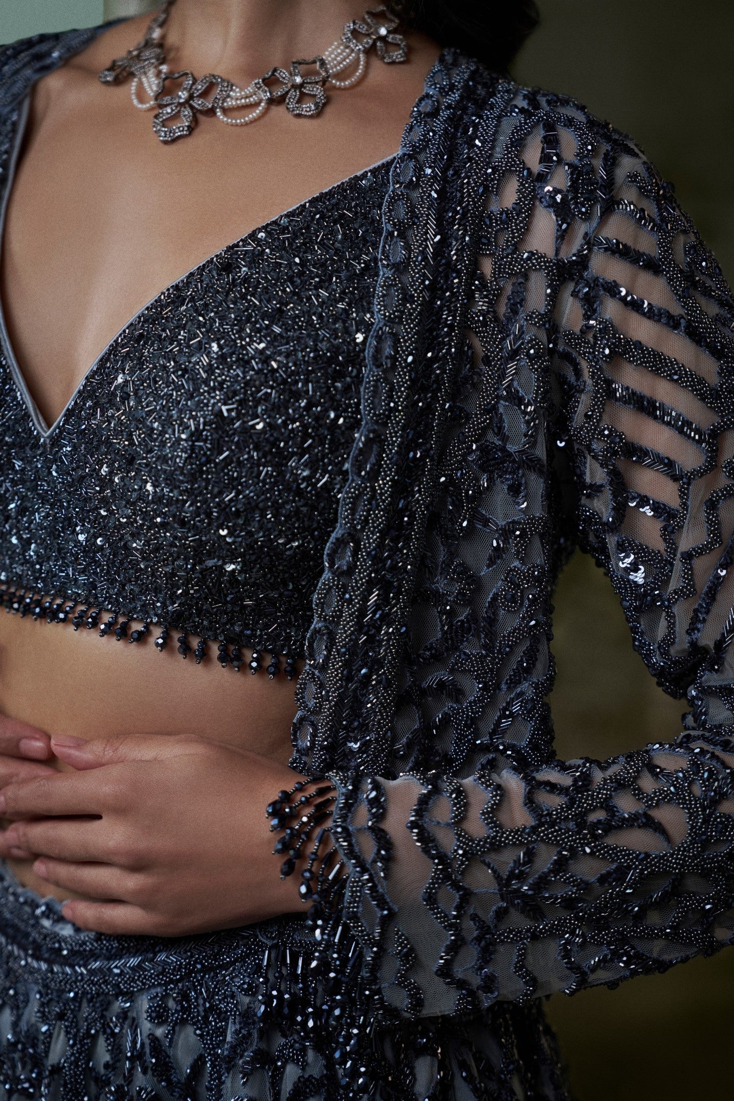 Stone Grey Net and Satin Lehenga Choli with Embroidered Jacket