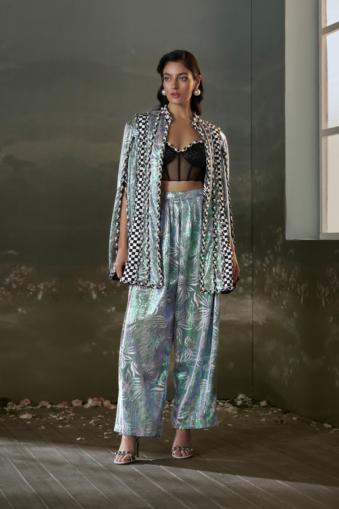 Printed Metallic Jacket and Trouser Set with Corset - Evening Wear