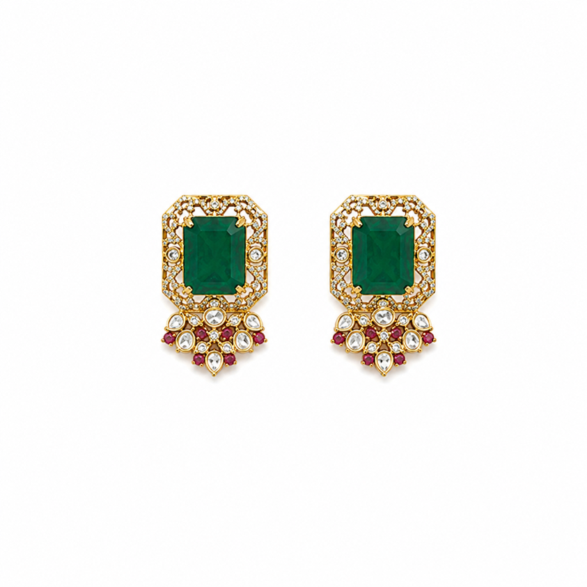 Emerald Green Polki Choker Necklace Set with Statement Earring