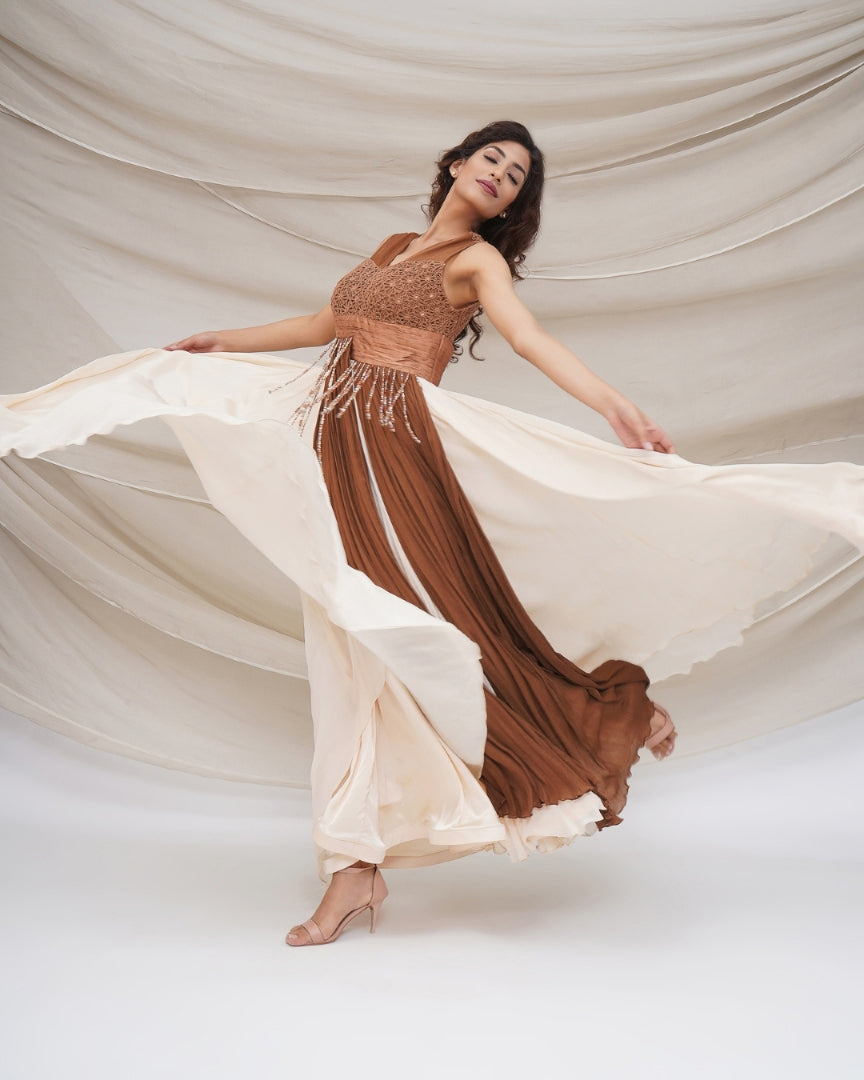 Bronze and cream layered pleated Gown