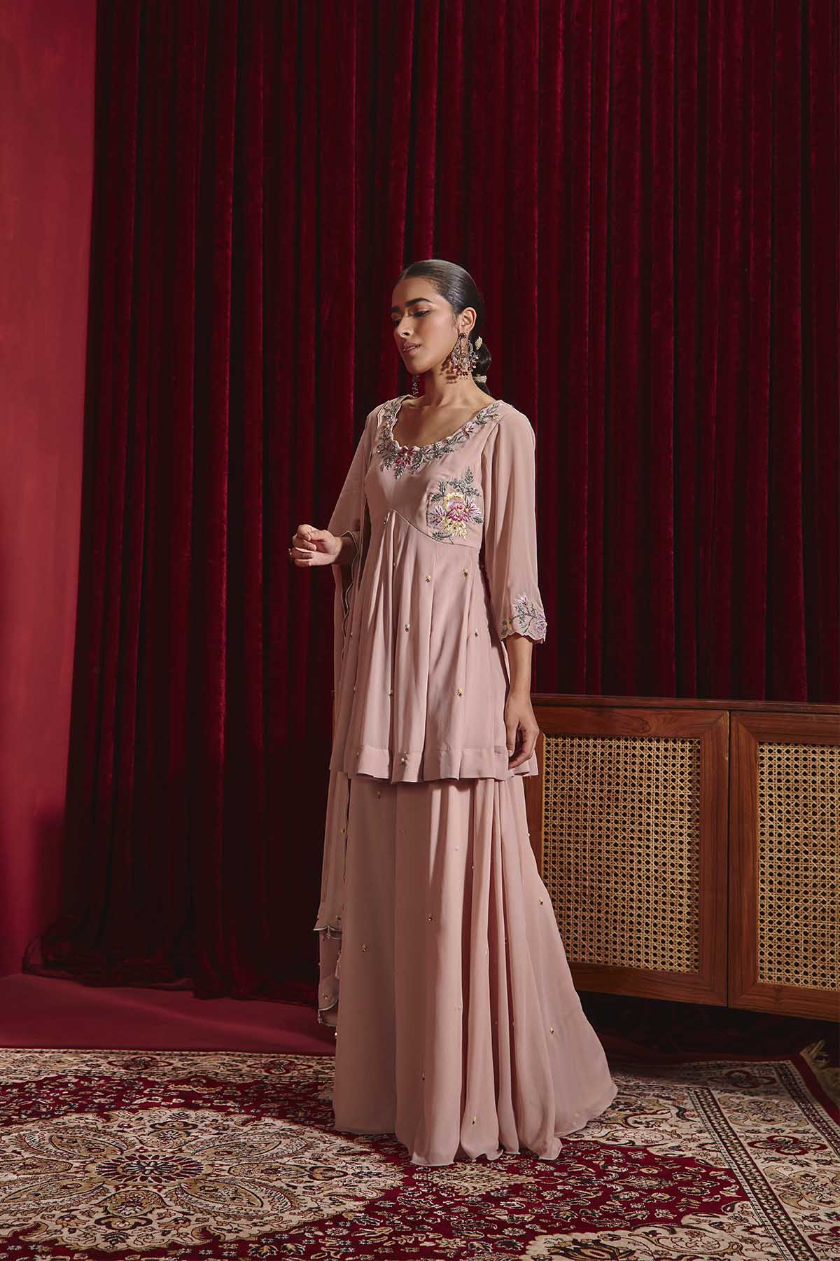 Old Rose Dupion Silk Peplum Kurta with Sharara & Organza Dupatta