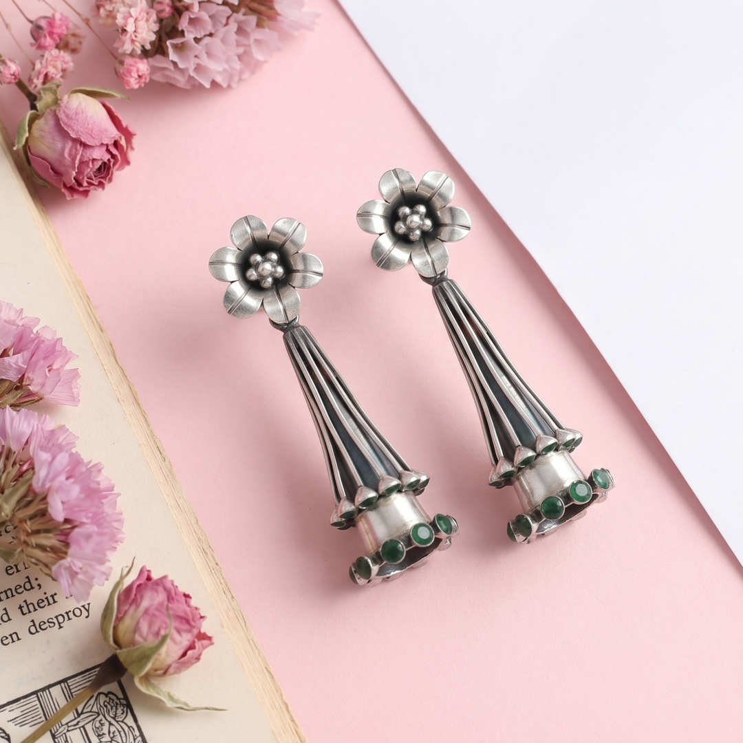 Regal Floral Motif Silver Earrings by Sangeeta Boochra