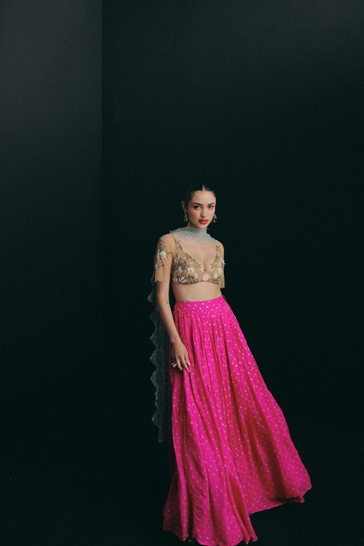 Shell Motif Embroidery, Stretch Tulle & Handwoven Silk Bandhini, Skirt Set, Underwired Blouse Silhouette