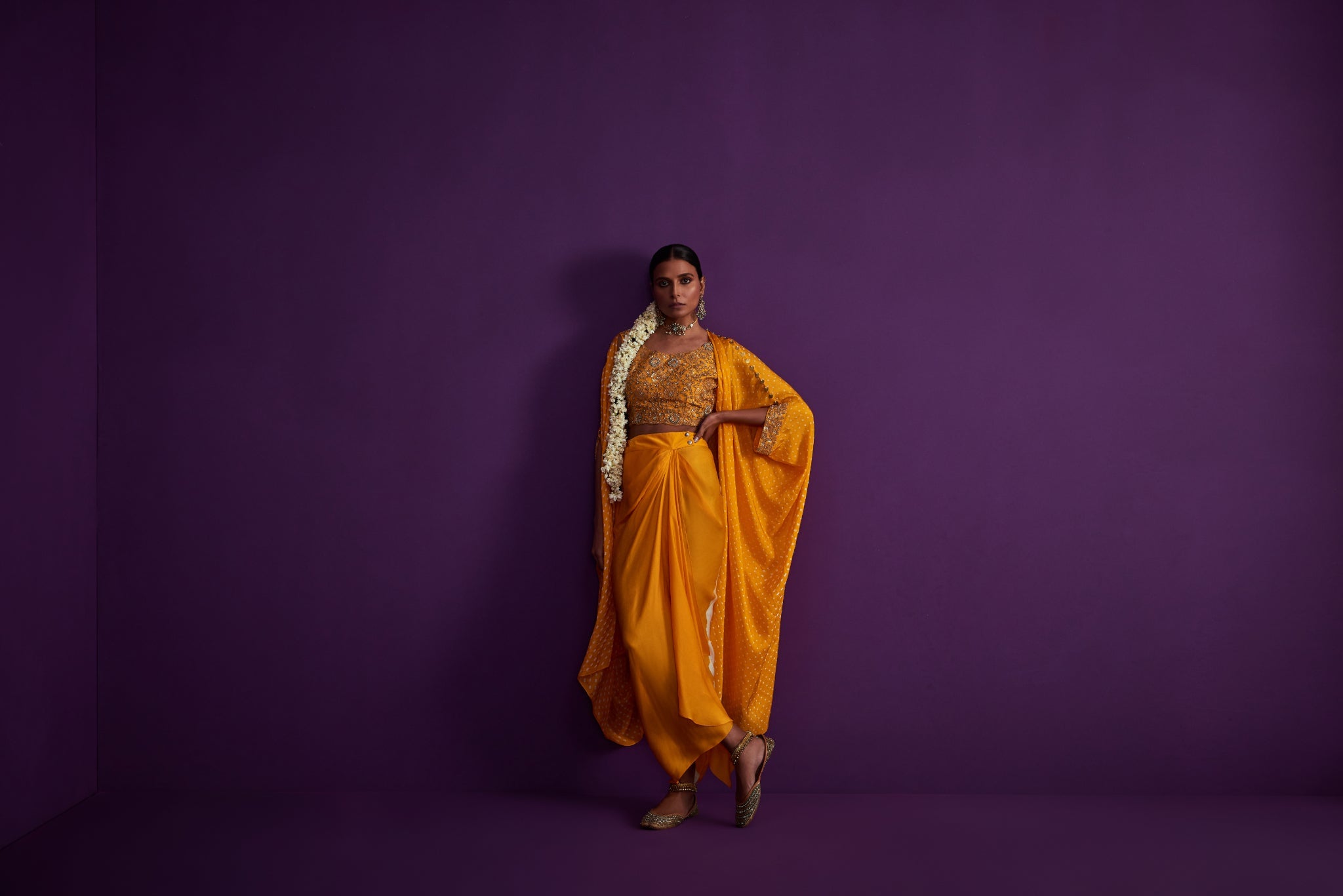 Bandhani Cape Set With Heavily Embroidered Crop Top