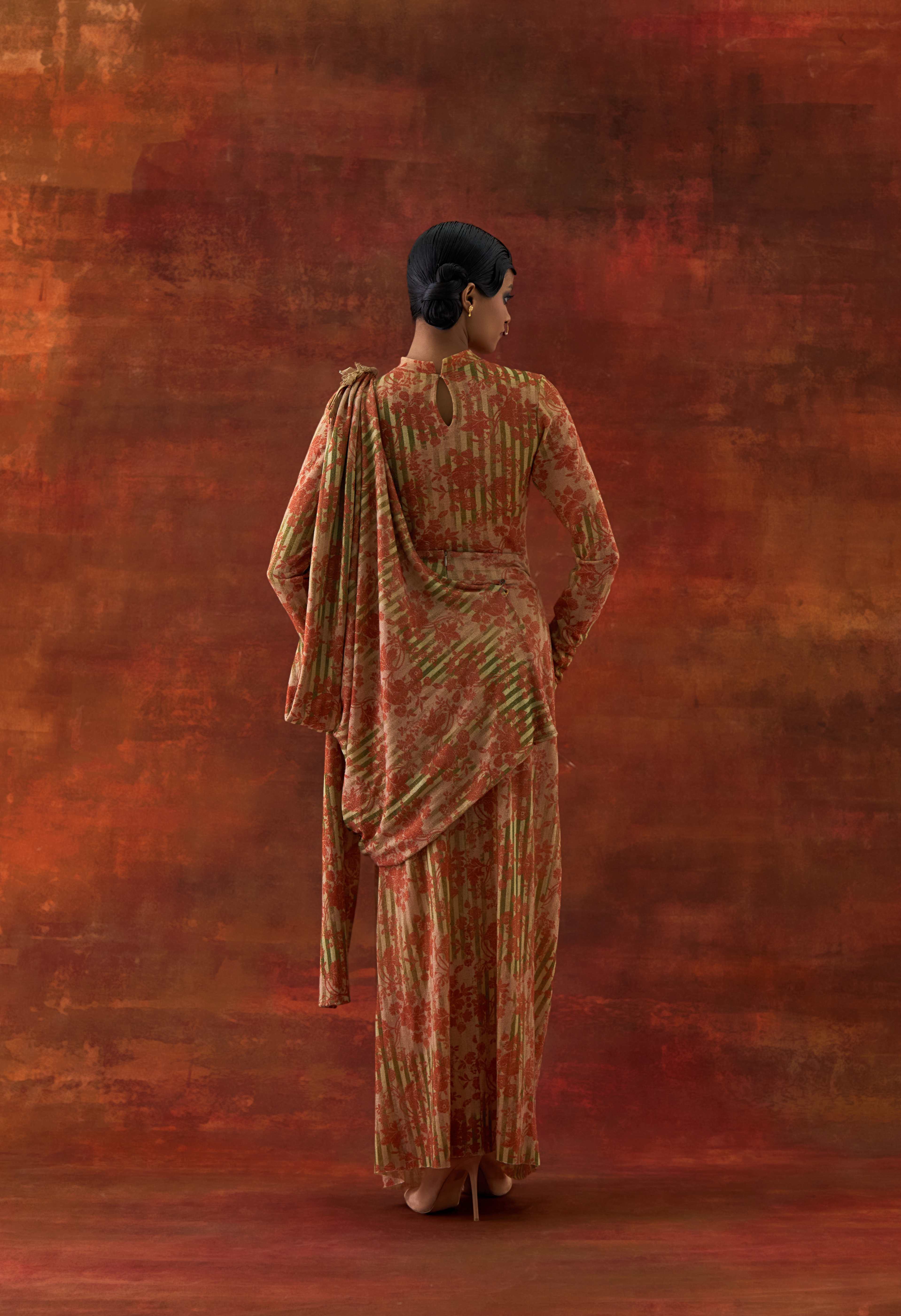 GOLD JERSEY DRAPED SARI + BODY SUIT - image 4