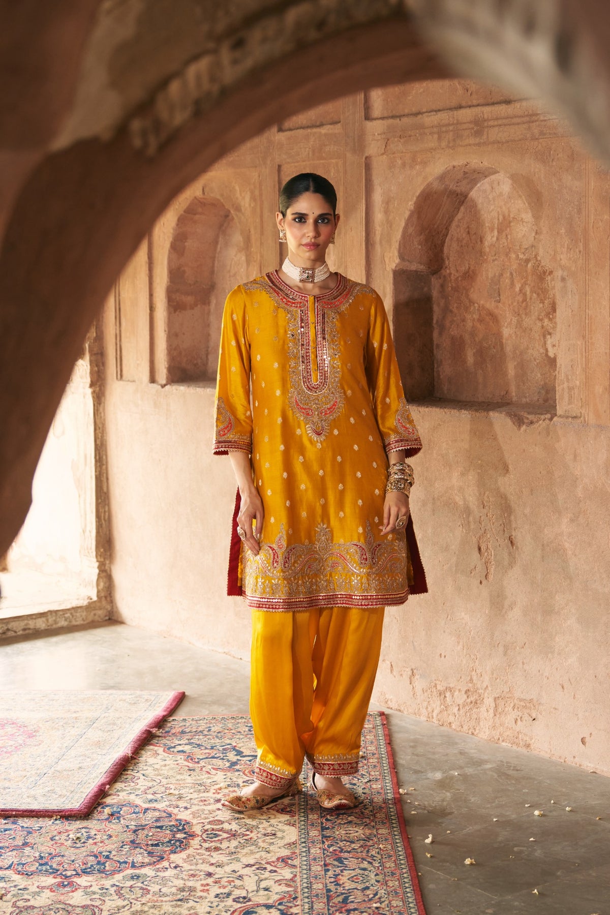 Mustard Banarasi Silk Short Kurta Salwar Set with Organza Dupatta