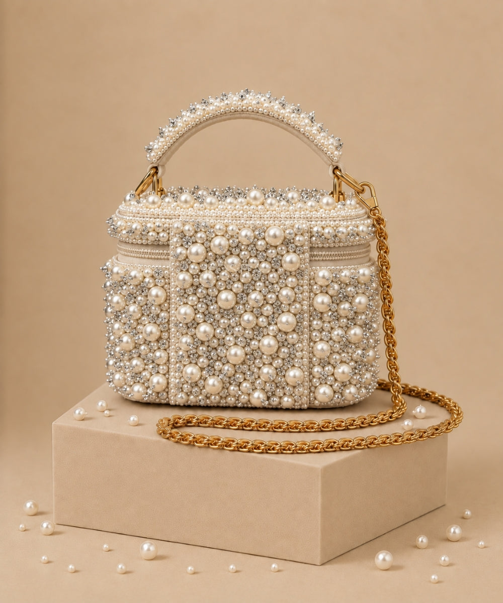 Aria Ivory Suede Pearl Embellished Vanity Bag