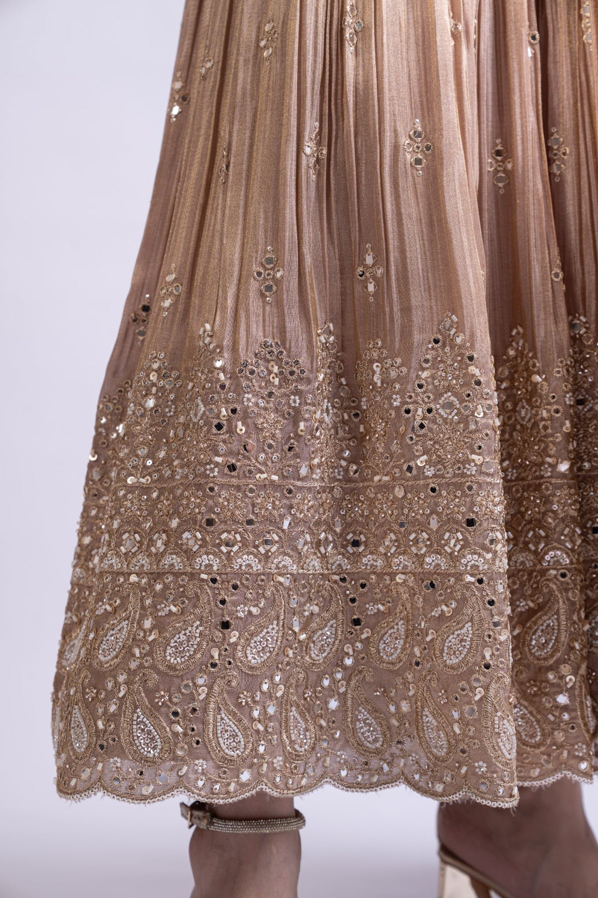 Mouse Brown Tissue Silk Short Anarkali with Embroidered Jacket