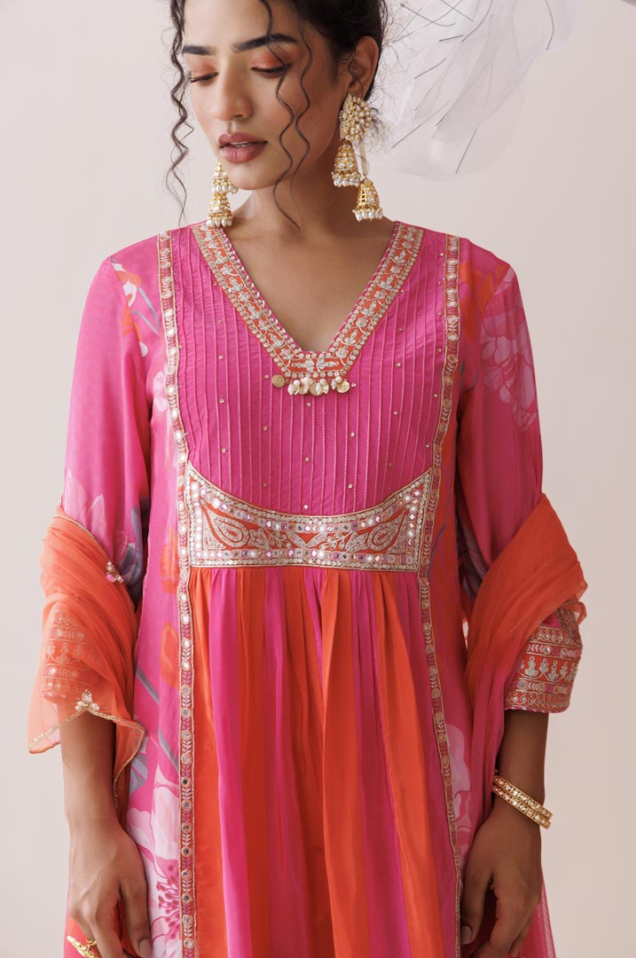 Pink and orange dori work kurta set