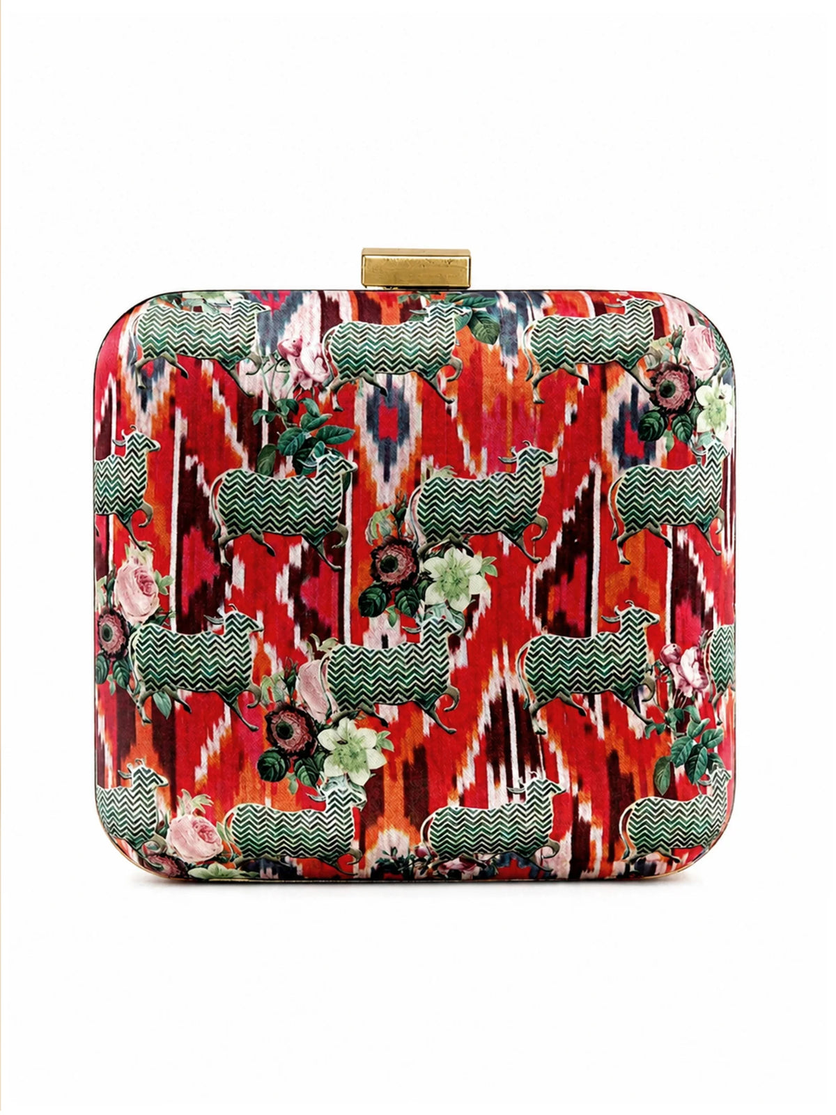 Ikat & Pichwai Cow Print Clutch Bag with Floral Artwork
