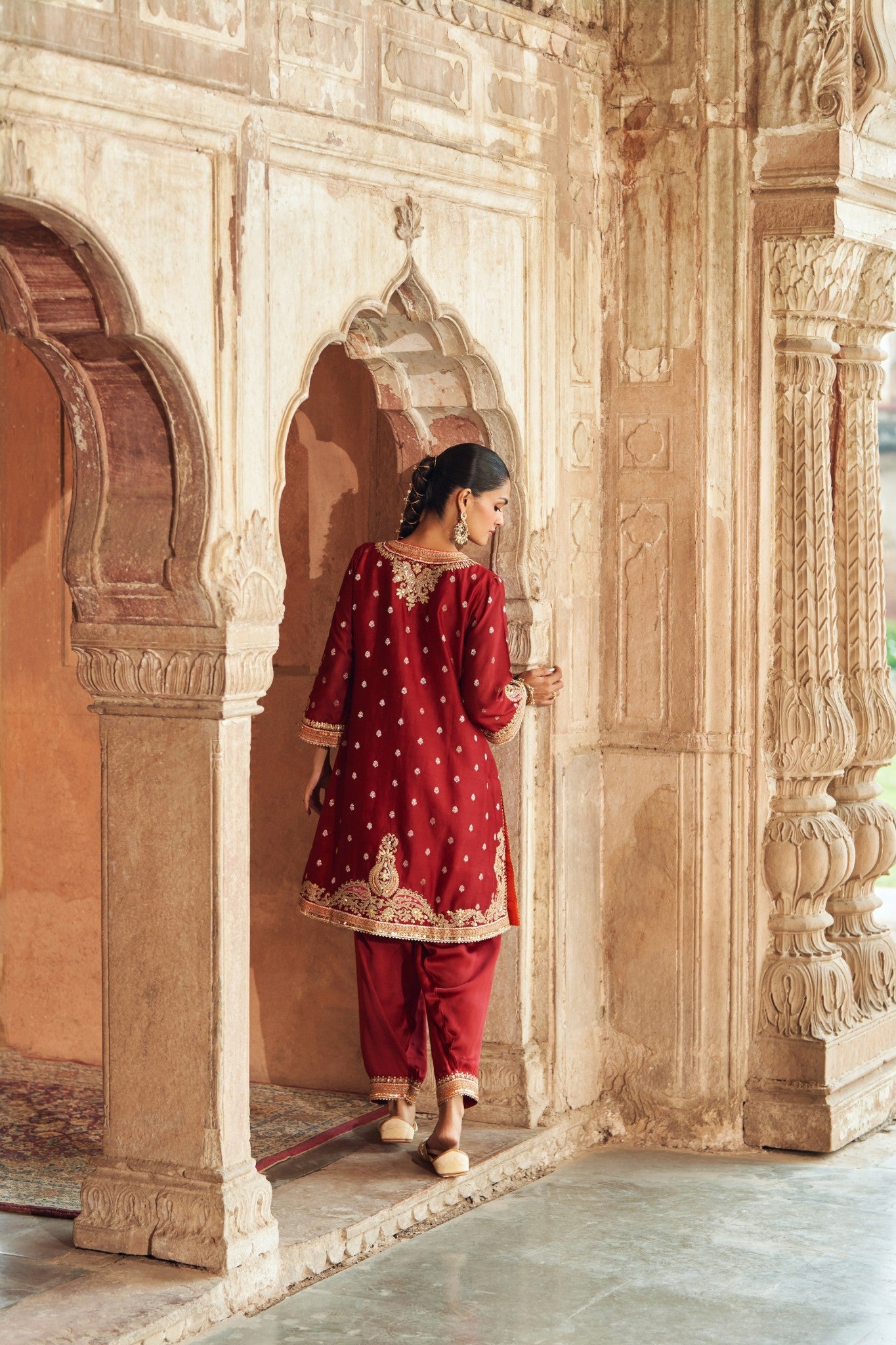 MEHWISH - DEEP RED SHORT KURTA WITH SALWAR AND DUPATTA