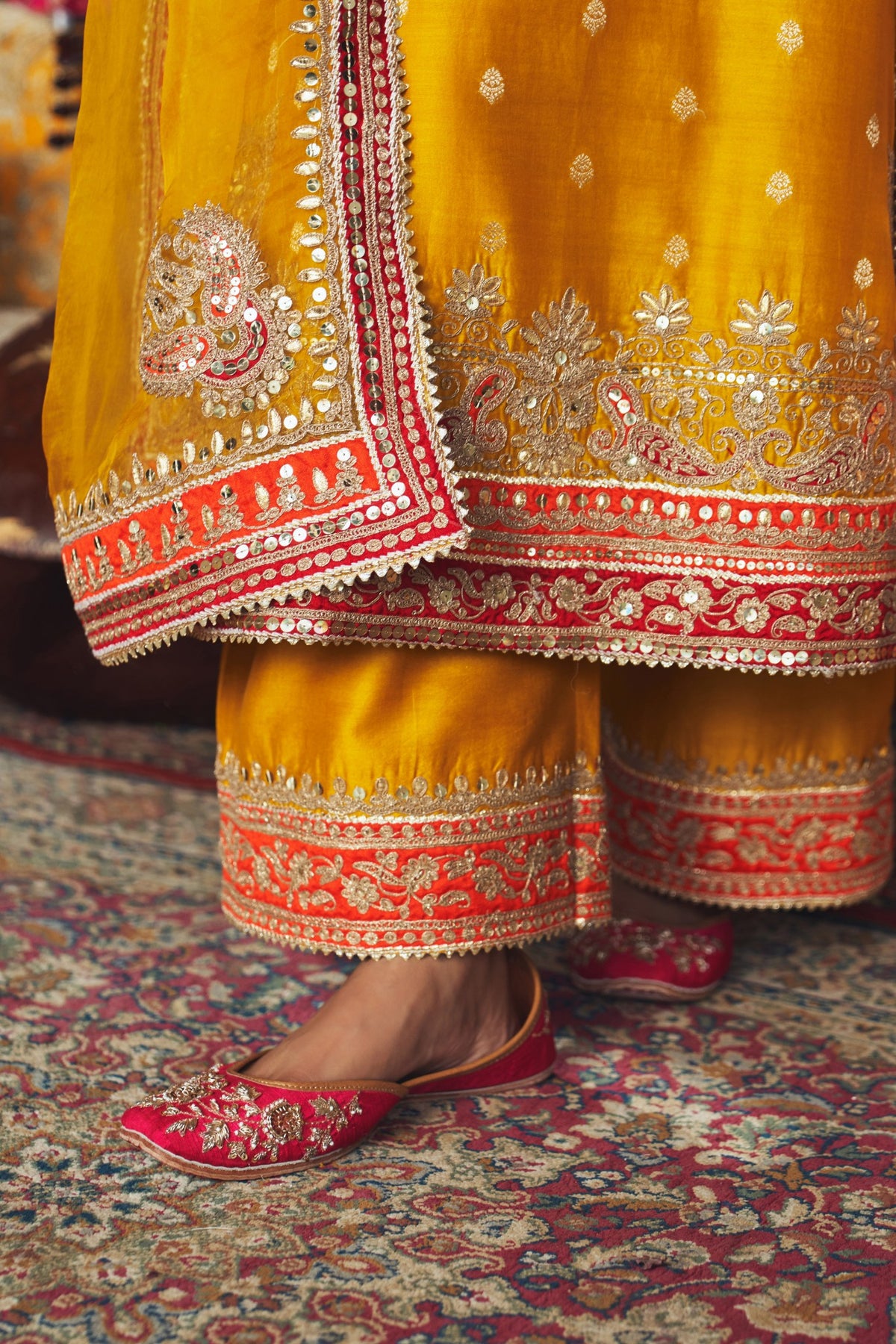 Mustard Long Kurta Set with Palazzo & Silk Organza Dupatta