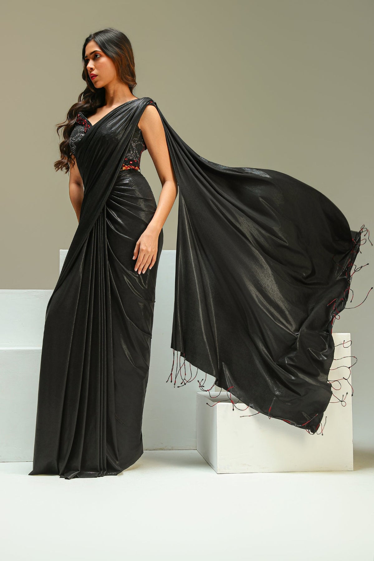 Black Imported Lycra Drape Saree Set