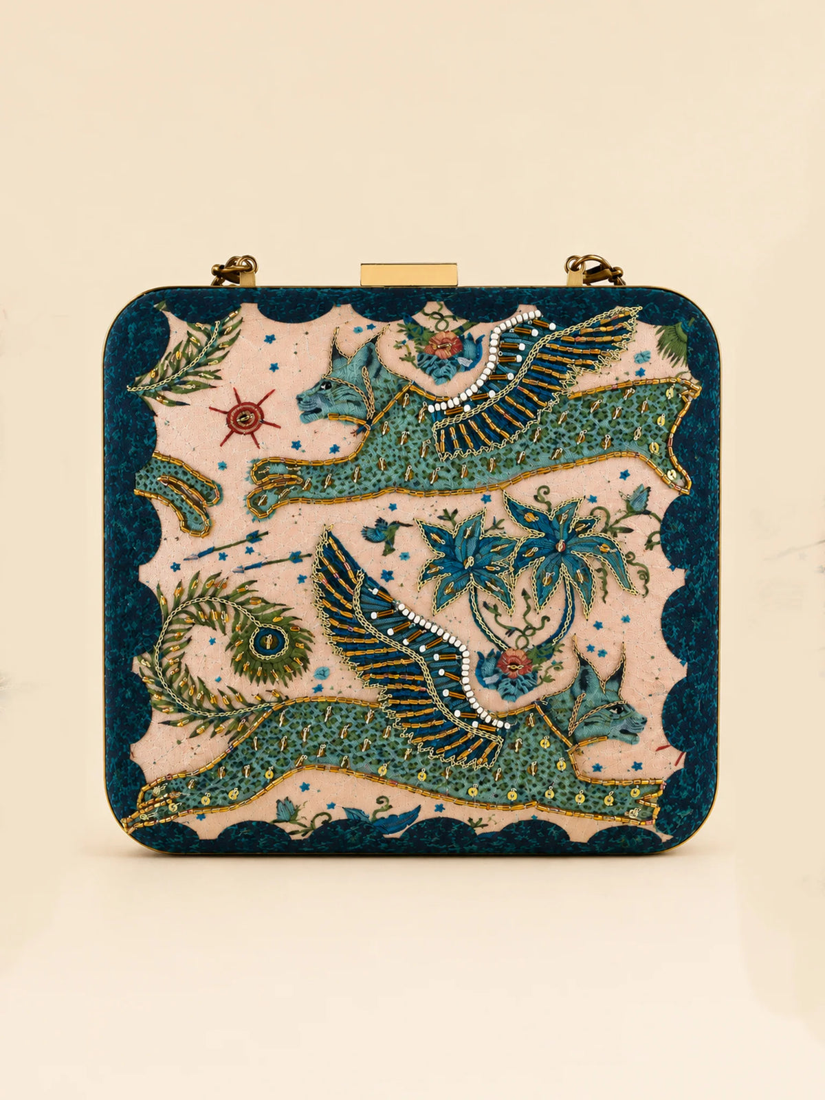 Mythical Bird Print Clutch Bag with Embroidery & Bamboo Handle