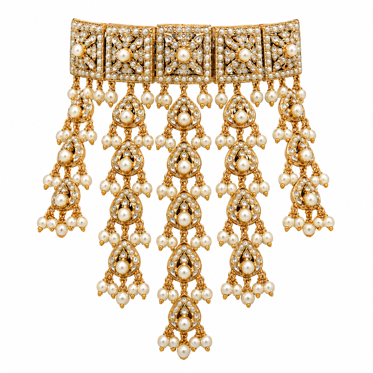 Gold Plated Handcrafted Jadau Necklace Set with pearl tassels