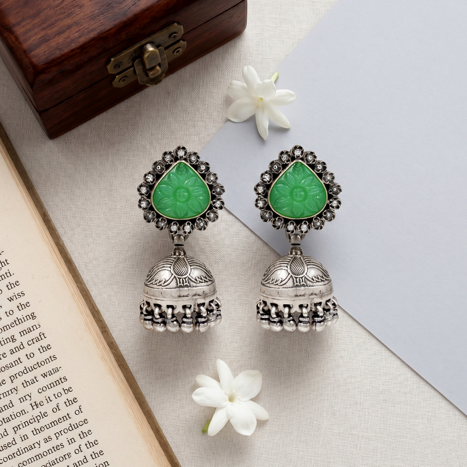 Sangeeta Boochra Floral Green Stone Oxidised Silver Jhumka Earrings