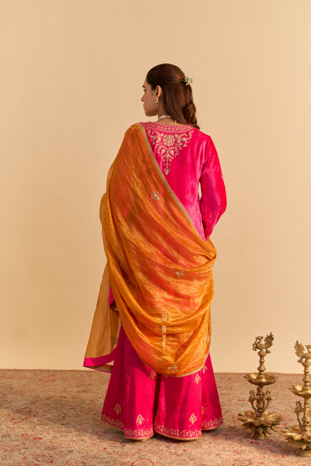 Hot Pink Velvet Kurta Set with Flared Palazzo & Dupatta