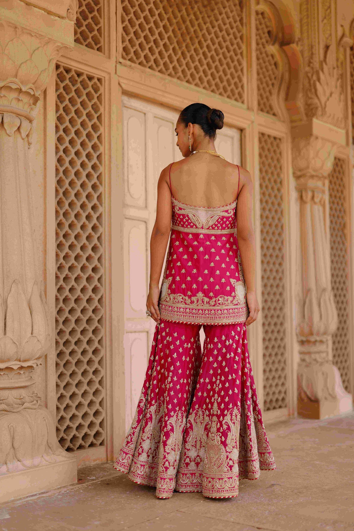 Hot Pink Kurta Gharara Set with Embroidered Organza Dupatta