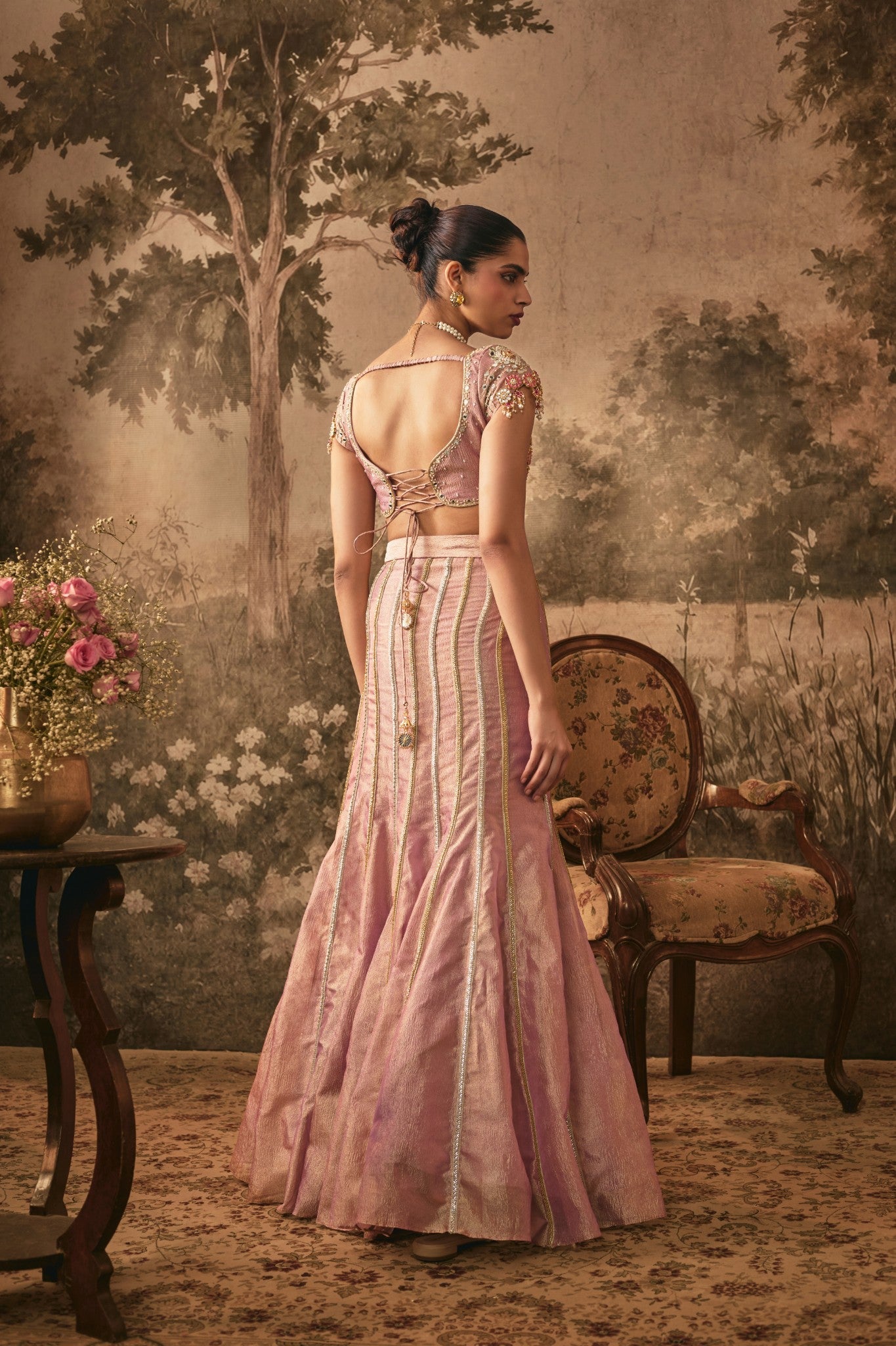 Dusty Rose Metallic Tissue Lehenga Set