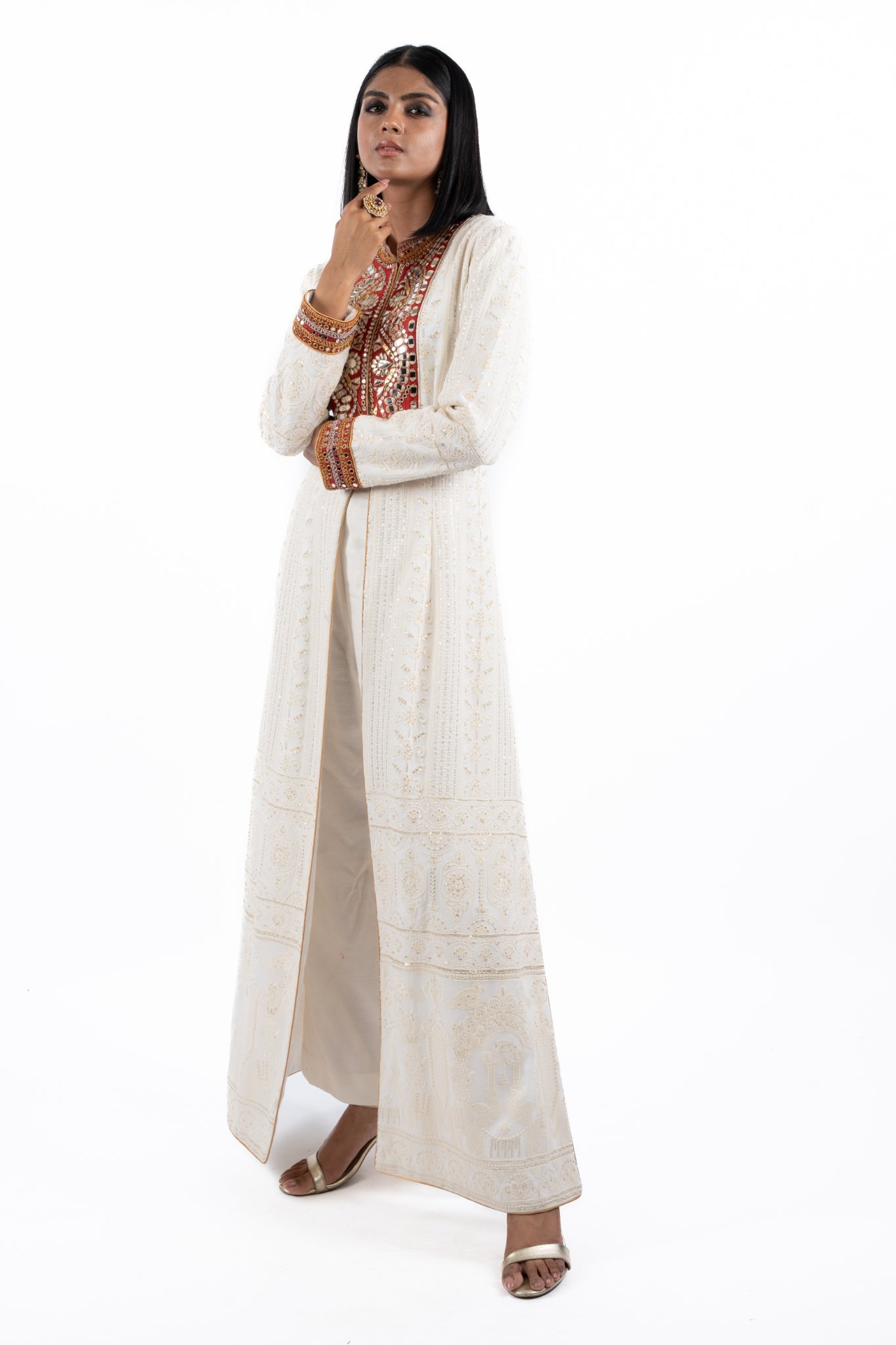 Ivory Embroidered Long Jacket Set
