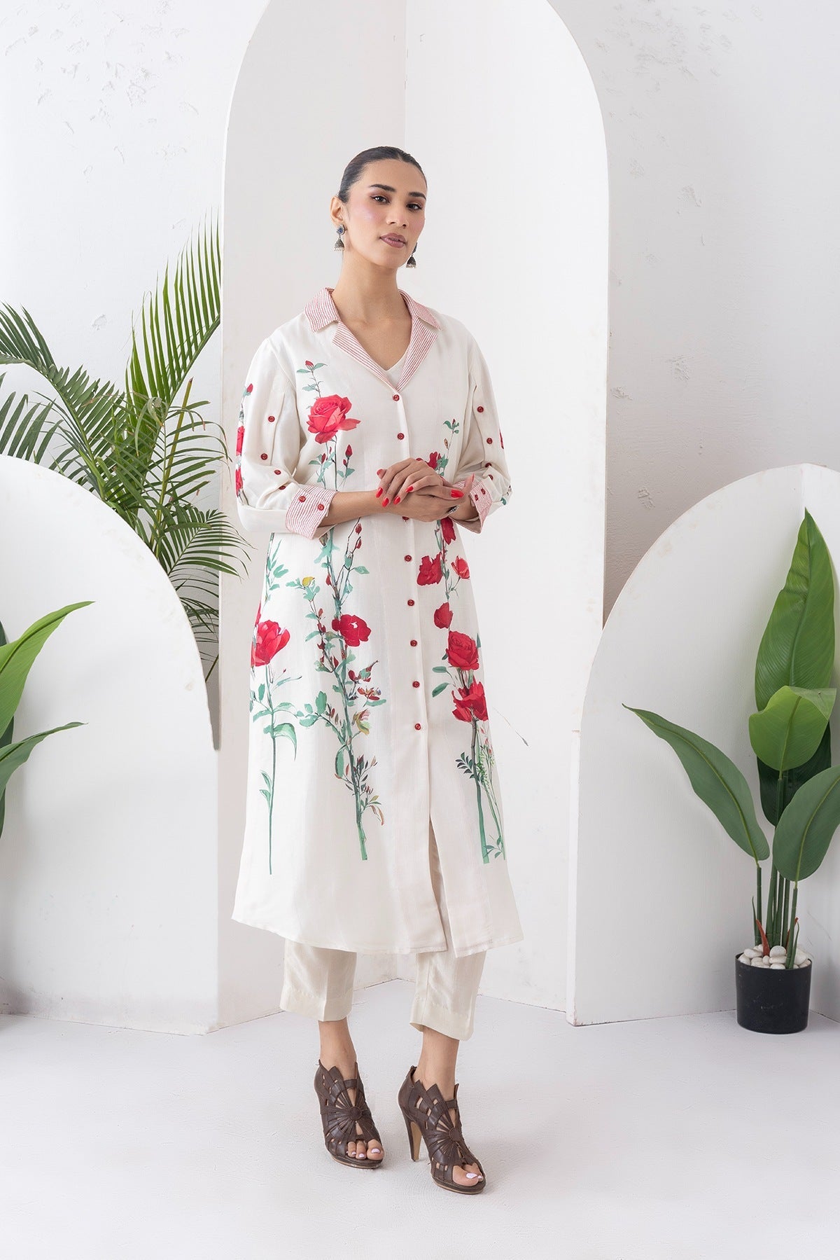 Ivory Silk Chanderi Front Open Printed Dress Set (3 PCS)