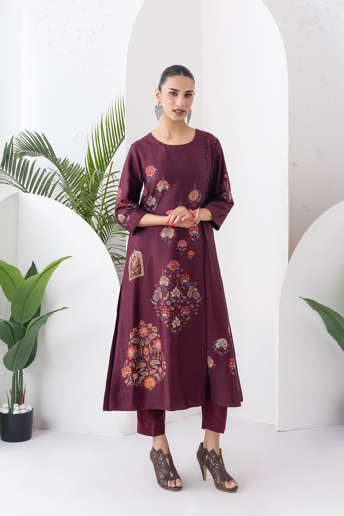 Chocolate Brown Silk Chanderi Printed Side Panel Dress Set (2 PCS)