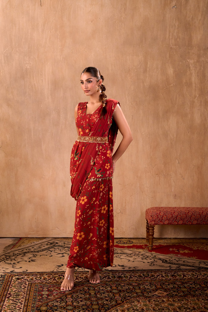 RED PRINT EMBROIDERED PEPLUM TOP, DRAPED PANTS, DRAPE AND BELT SET - image 4