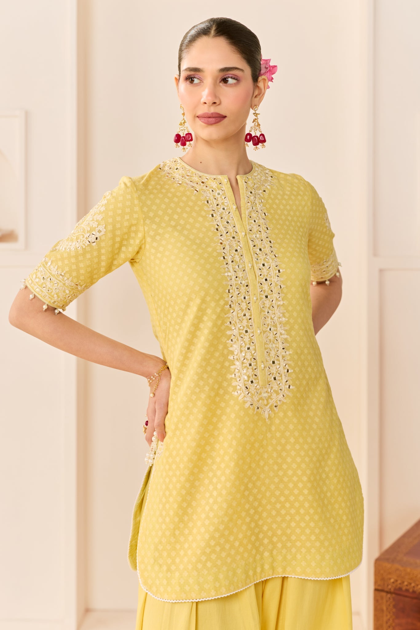 ANAISHA - LEMON YELLOW SHORT KURTA WITH FARSHI SALWAR AND DUPATTA