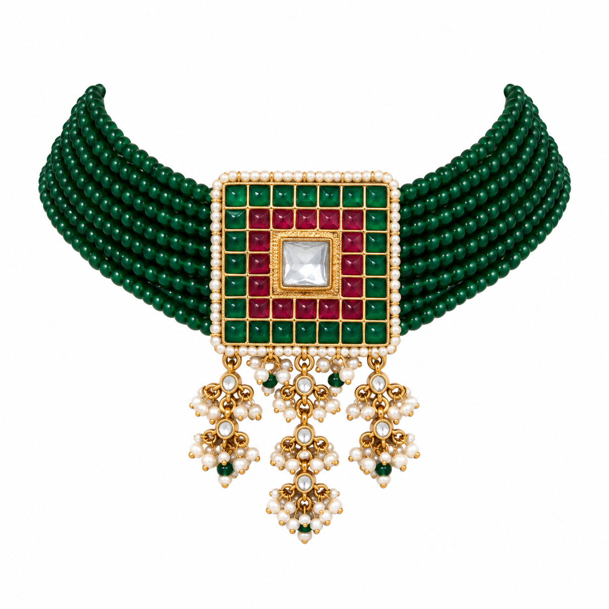 Green Beaded Square Choker Necklace Set