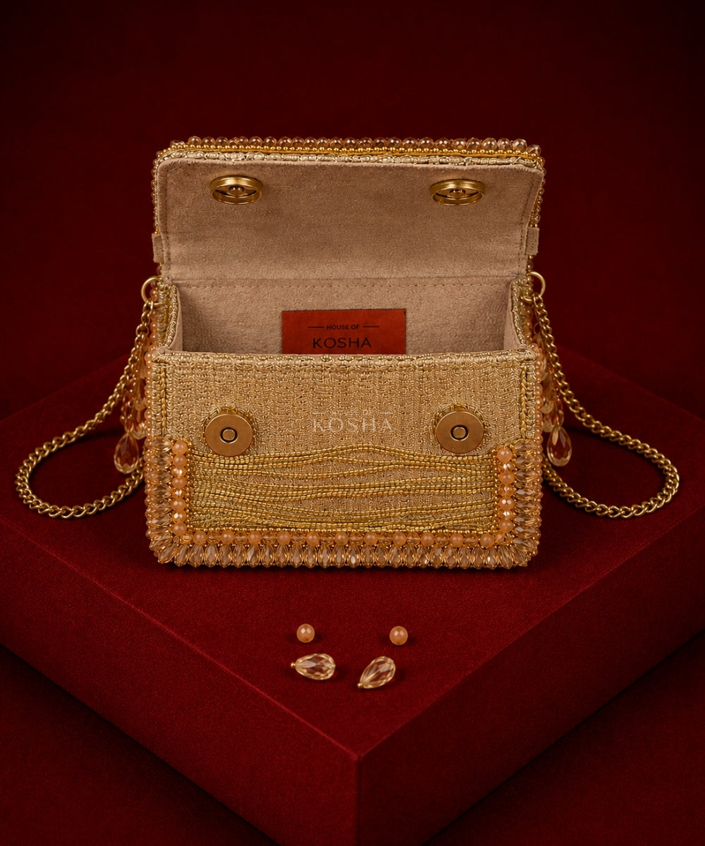 Elif Gold Georgette Embellished Clutch