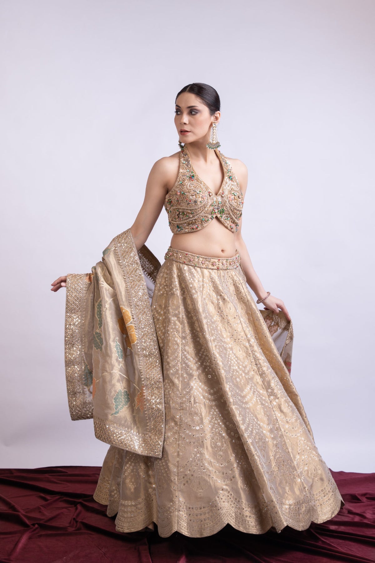 Golden Banarasi Embroidered Lehenga Set with Dupatta