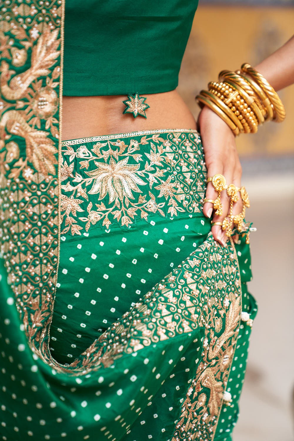 Peacock and lotus bandhni saree
