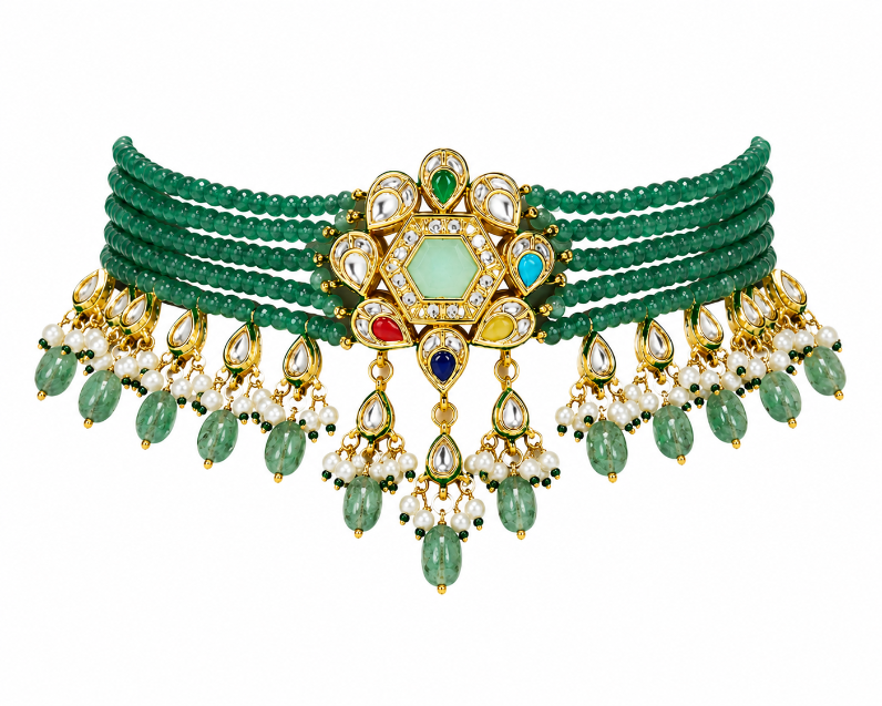 Green Beaded Polki Choker Set with Statement Earring