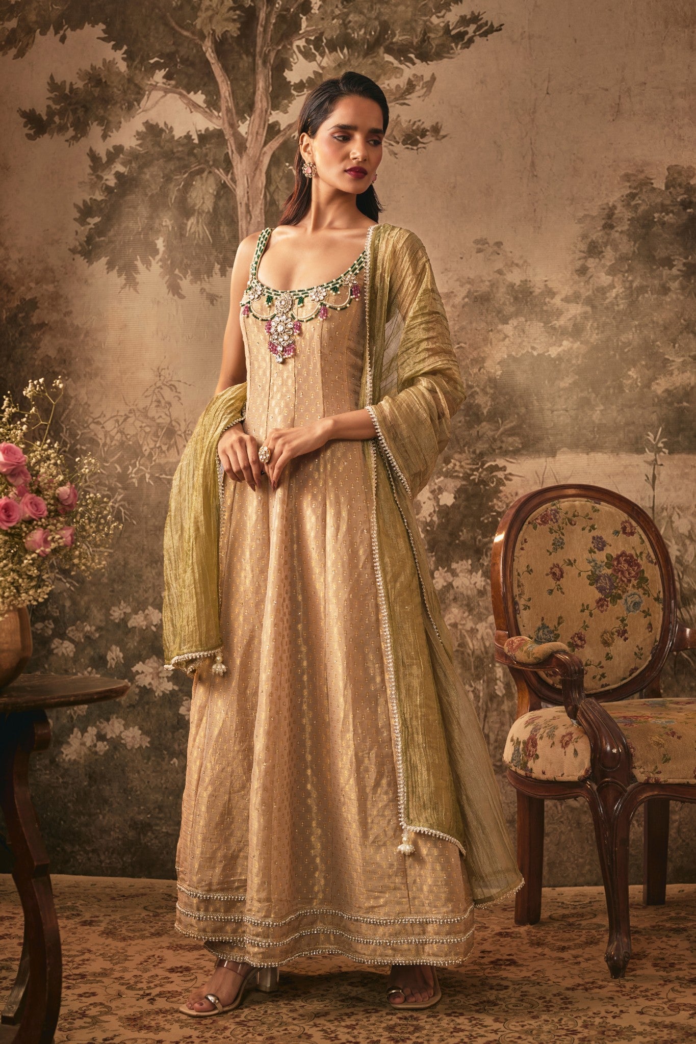 Muted Nude Gold Embellished Anarkali Set