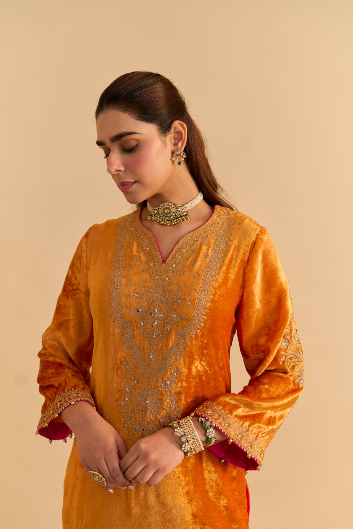 Nooren Orange Velvet Kurta Palazzo Set for Festive Winter