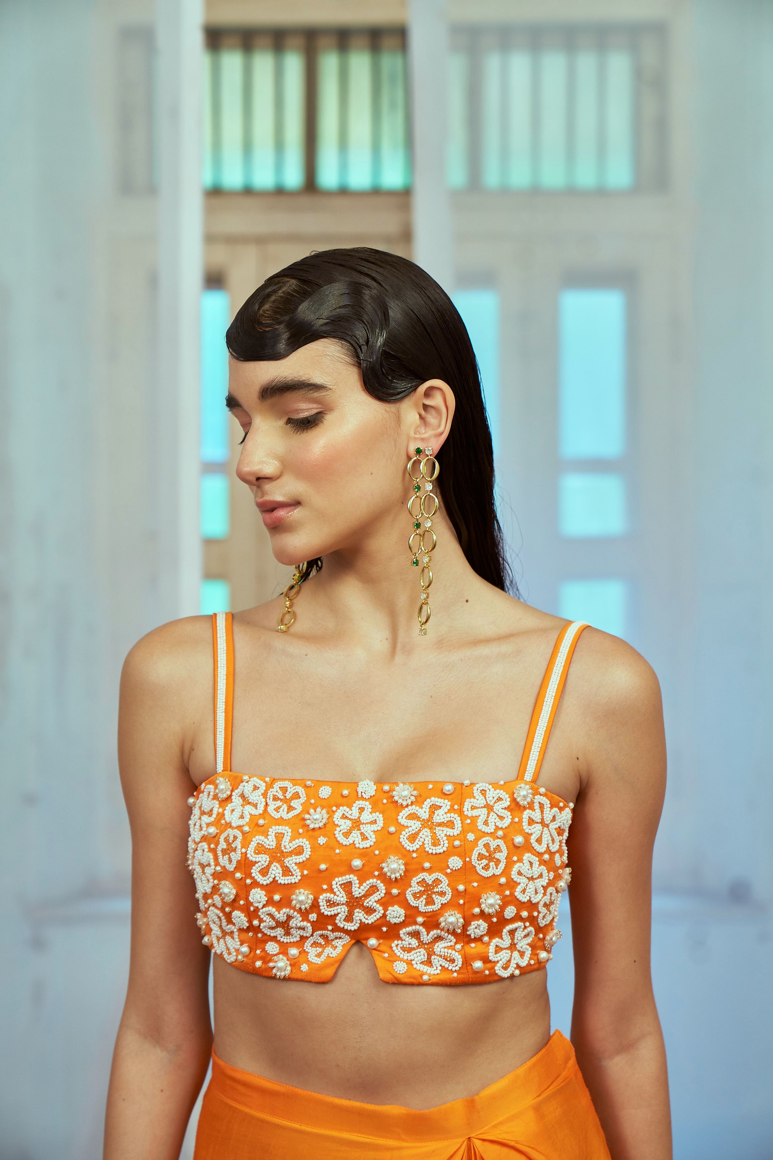 Orange Bustier and Drape Skirt Set