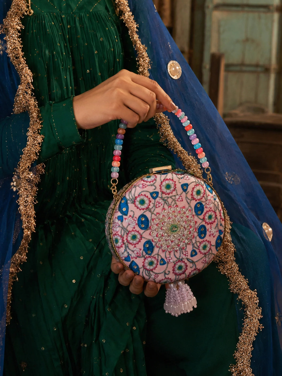 Pink Pichwai Lotus Embellished Round Clutch Bag with Beaded Handle