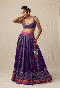 Purple mirror and pearl printed bandhej lehenga set