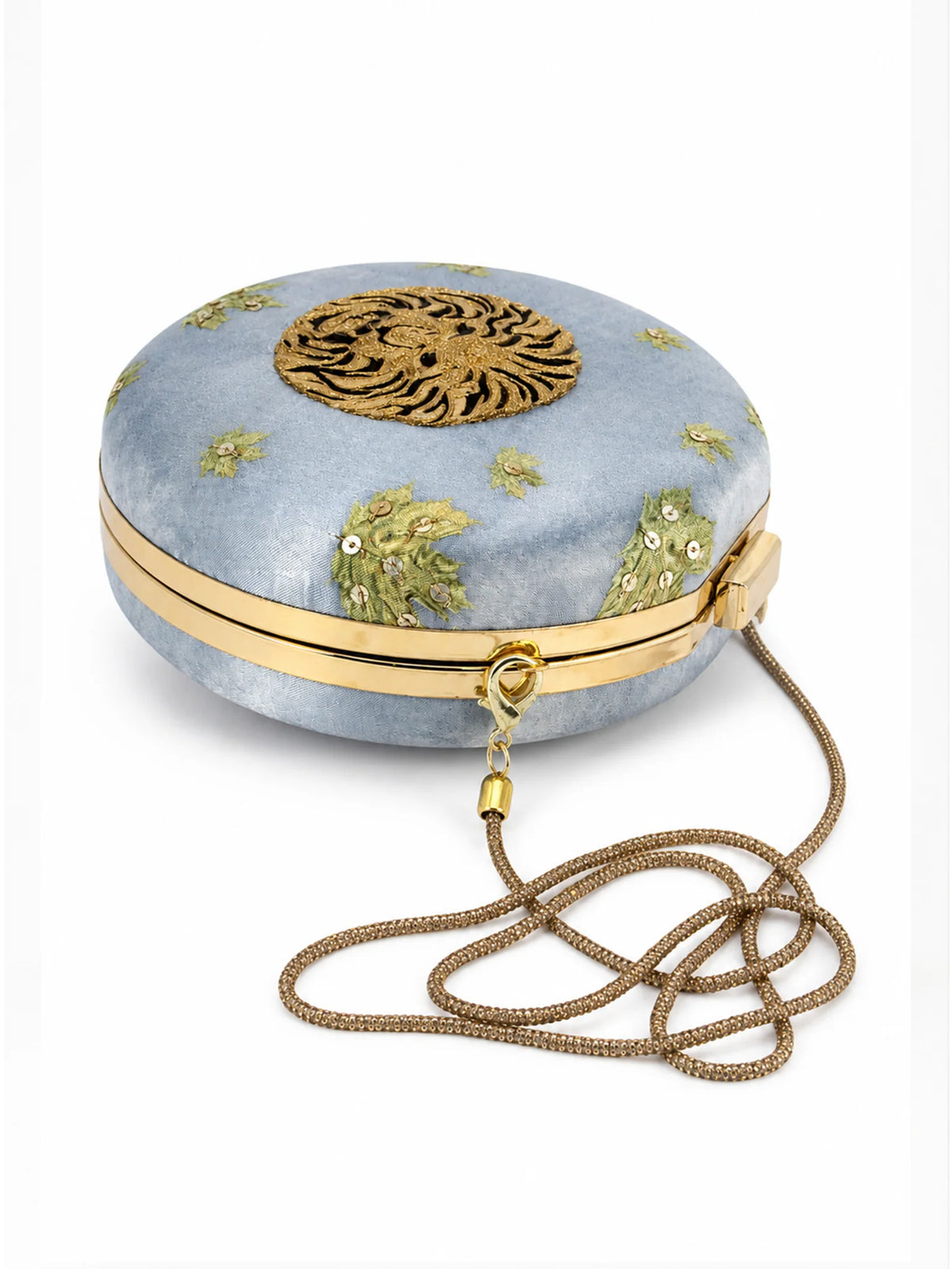 Grey Lion Motif Round Clutch Bag with Embroidered Botanical Detail