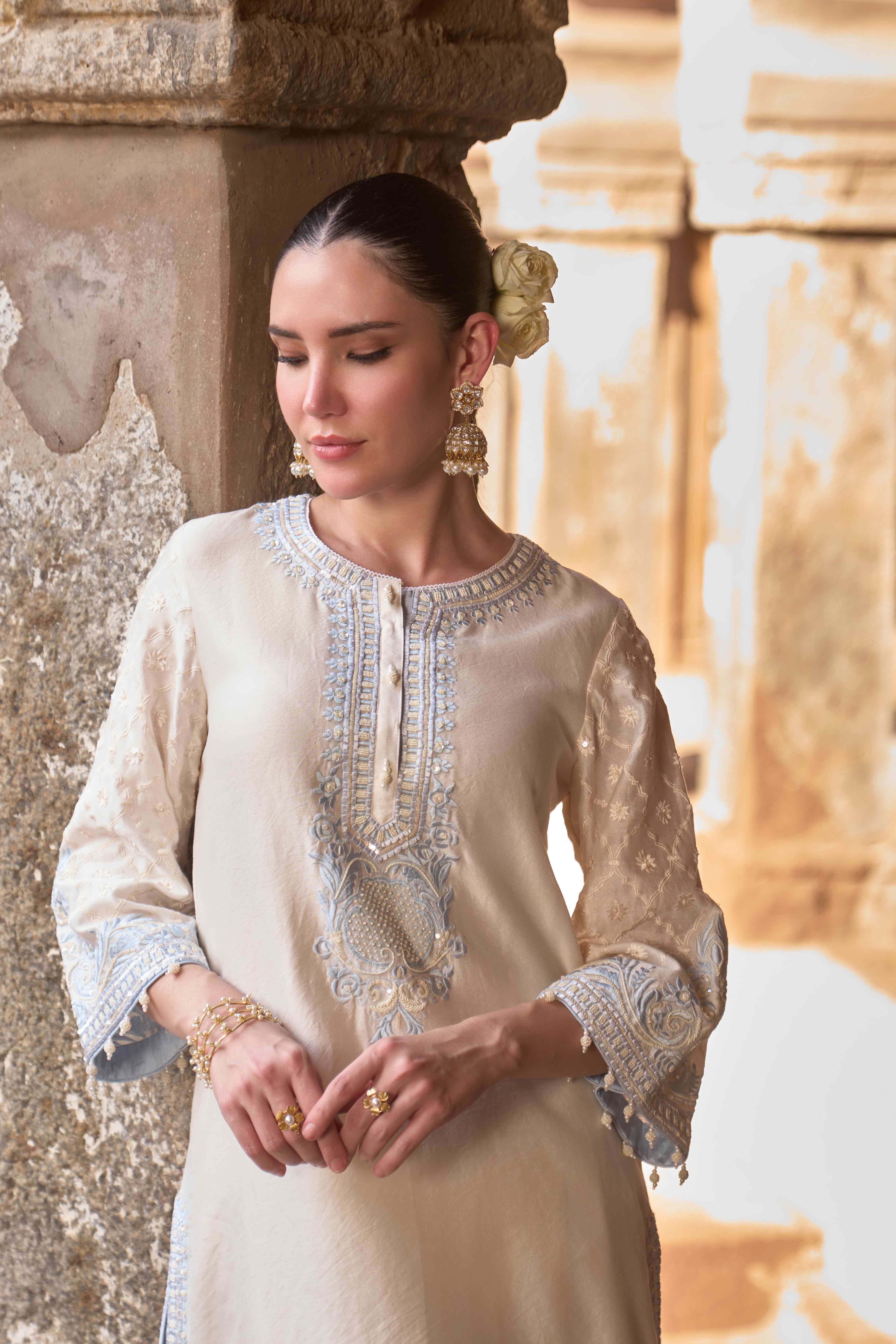 RUHI - DAISY IVORY WITH BLUE SHORT KURTA AND DHOTI