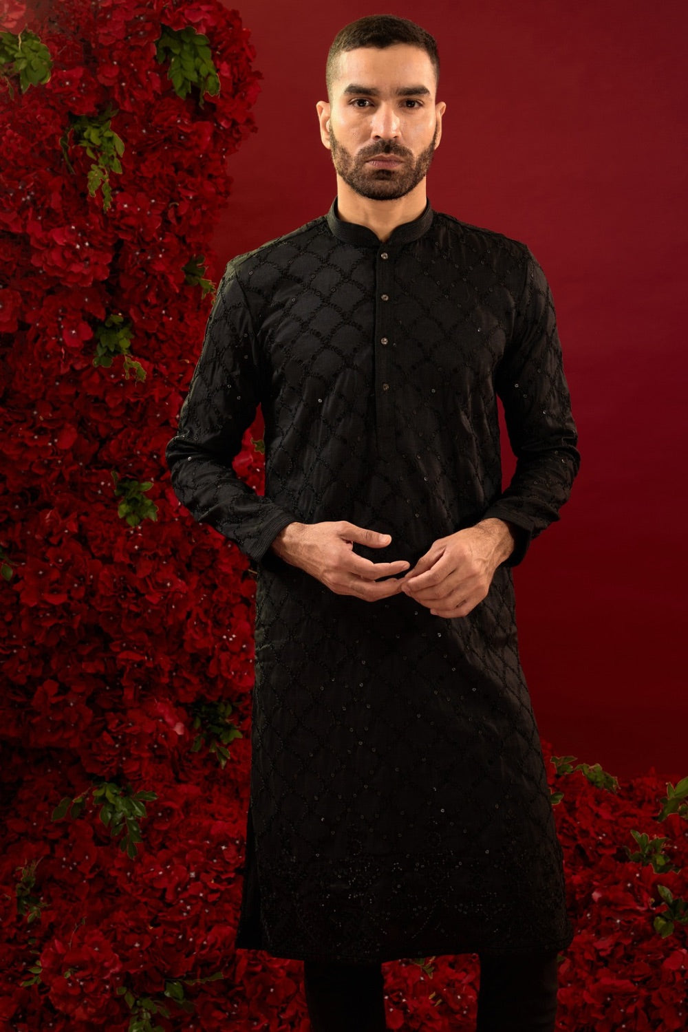 Black silk kurta & pajama with machine work