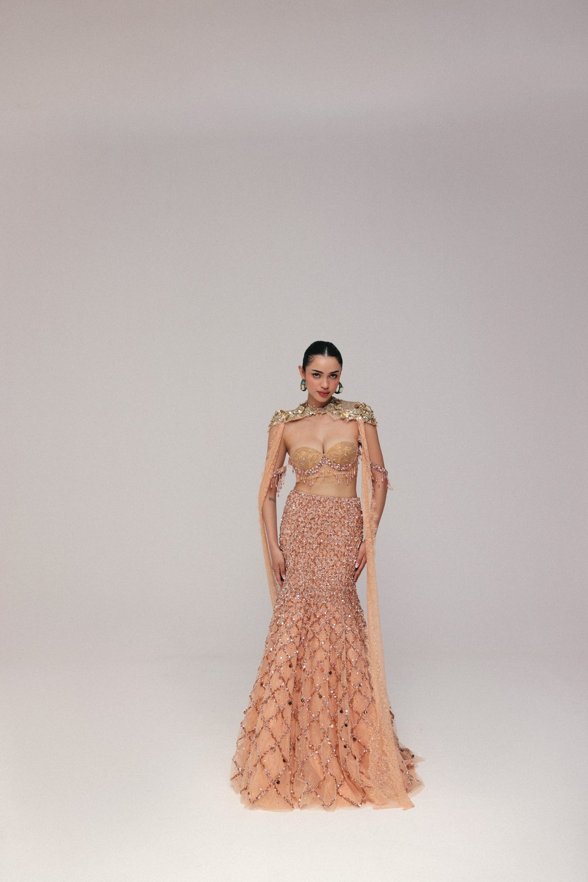 Crystal & Zardosi Embroidery, Tulle & French Lace with Silk, Three Piece Set, Blouse and Flared Skirt Silhouette
