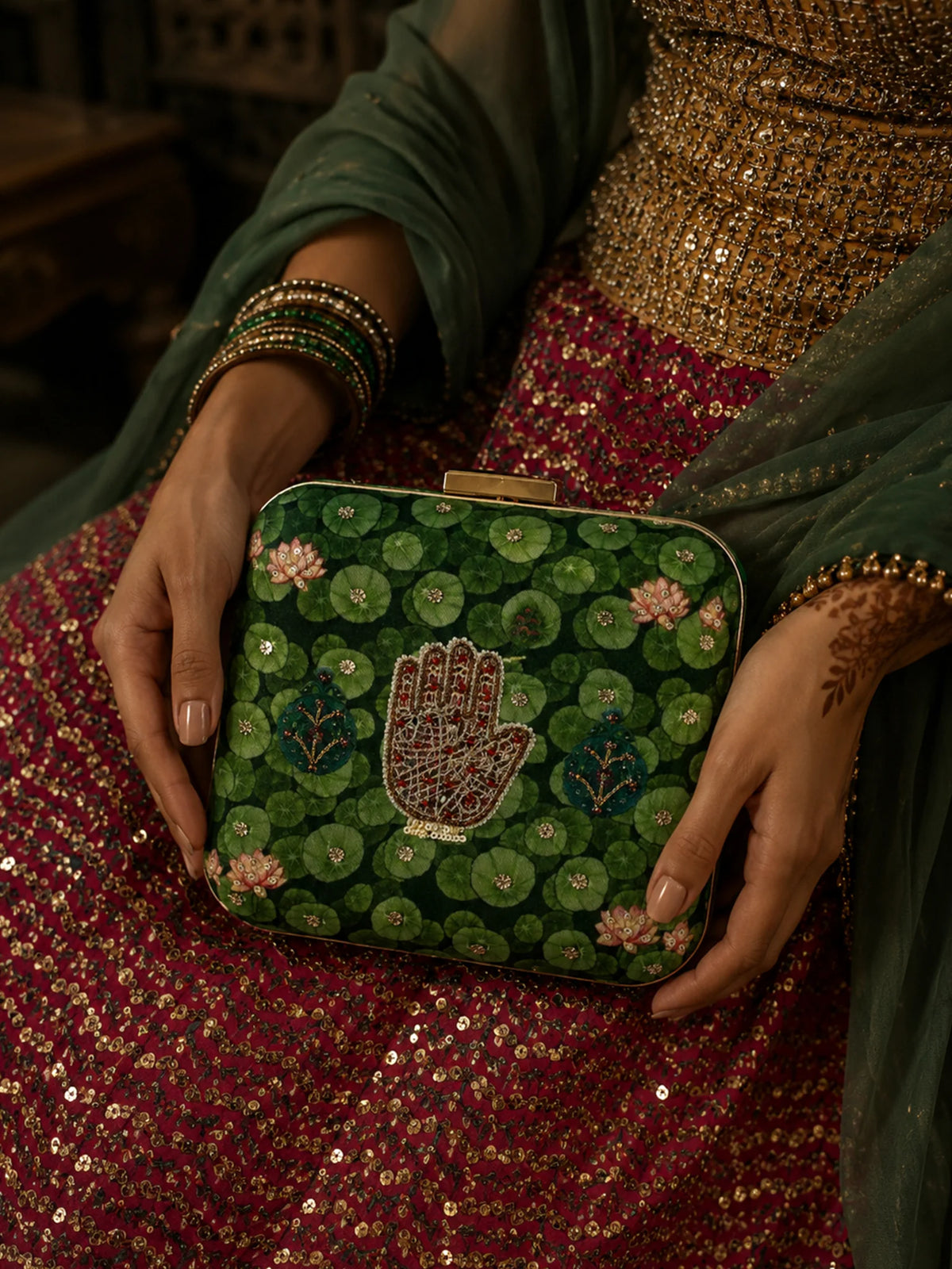 Green Lotus Pond Print Clutch Bag with Embroidered Jewel Palm & Gold Chain