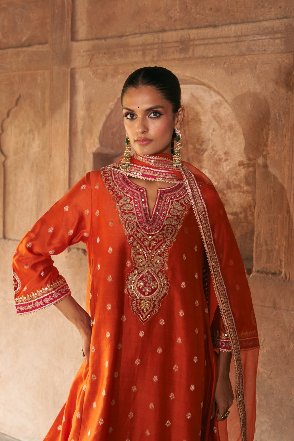 Hafsa Burnt Orange Silk Chanderi Chauga Suit with Dogri Salwar